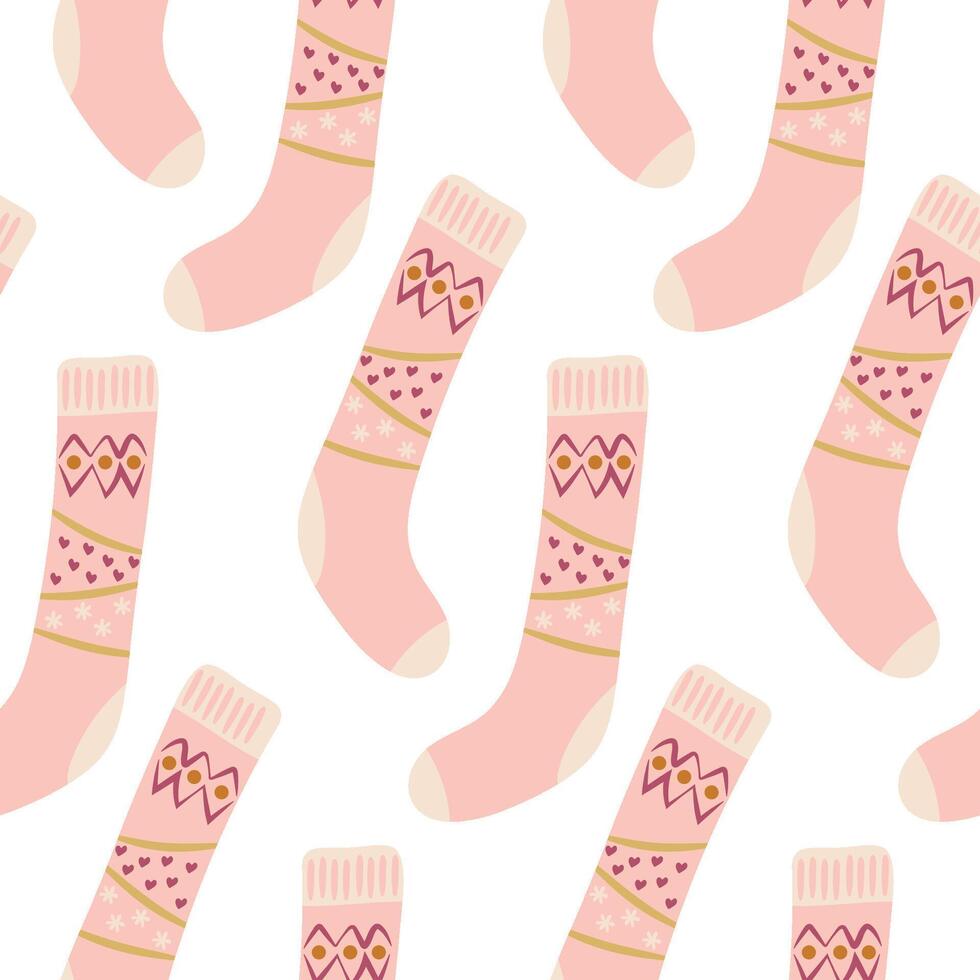 Pink Winter Socks Pattern with Heart and Snowflake Designs on White Background vector