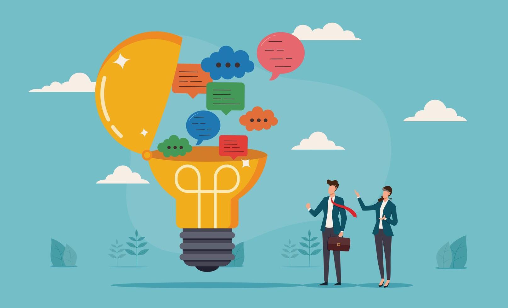 Open light bulb, speech bubbles, two business people brainstorming, idea generation. Suitable for business presentations, marketing materials, creative brainstorming concepts vector