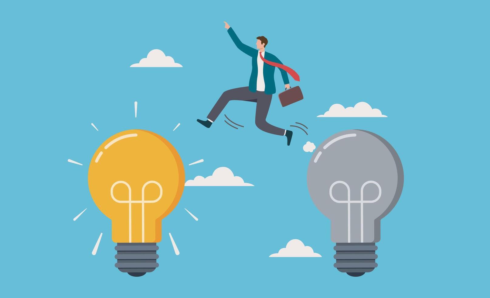 Business transformation. better change or transition management in companies. the process of adapting to new company changes. businessman jump from old to new shiny lightbulb idea vector
