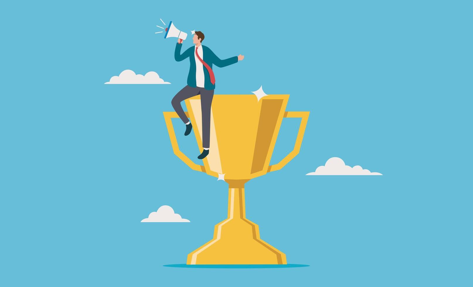 Success story to motivate people to achieve life success. Man triumphantly shouts on trophy with a megaphone. Ideal for success, victory, leadership, or motivation concepts in design projects vector
