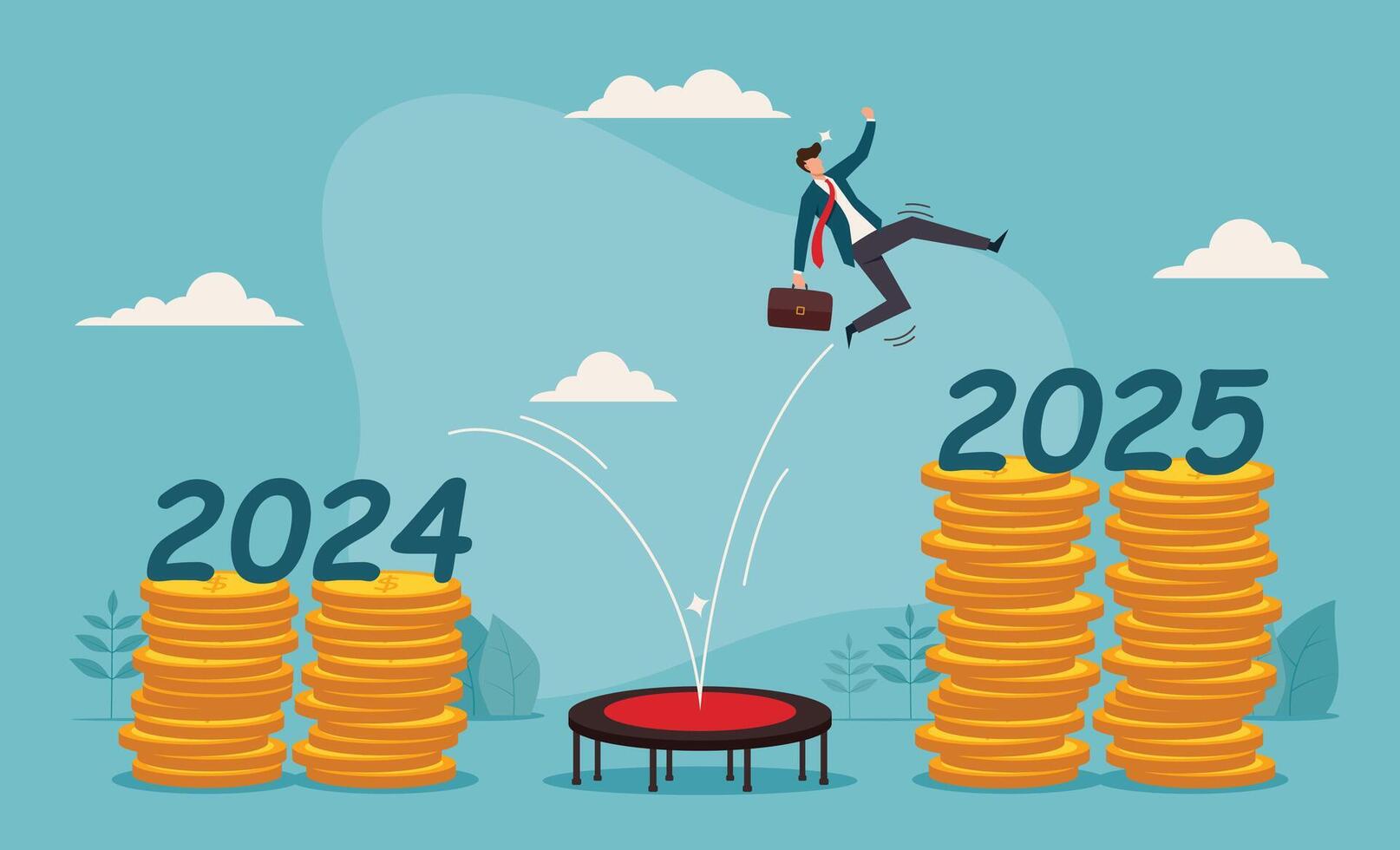 Businessman on trampoline jumps from 2024 to 2025 coins symbolizing increased wealth. Suitable for finance, investment, aspirations, motivation concepts vector