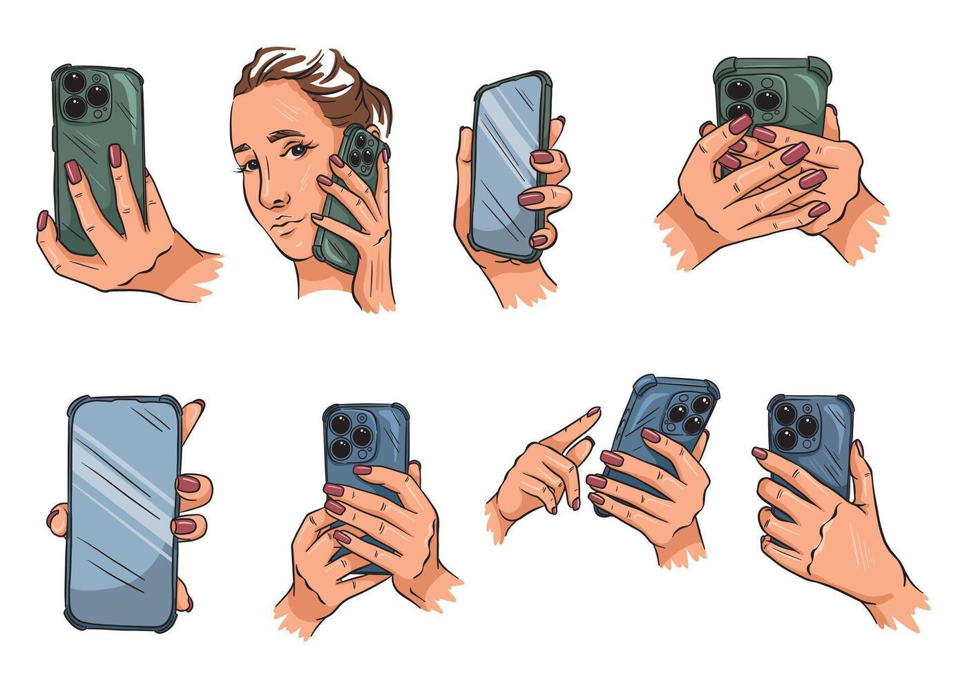 A collection of illustrations of hands holding a smartphone from different angles, showcasing gestures and phone usage on a white background. vector