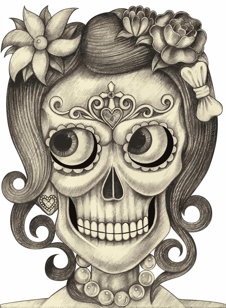 Elegant catrina skull portrait.This artwork showcases a traditional style skull with elegant, feminine touches. vector