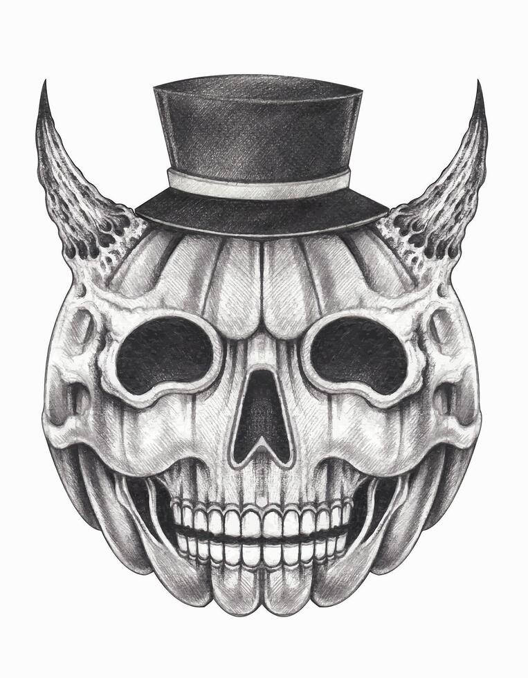 Pumpkin skull with top hat and horns.This captivating artwork blends the imagery of a pumpkin and a skull, featuring a sophisticated twist with a top hat and demonic horns. vector