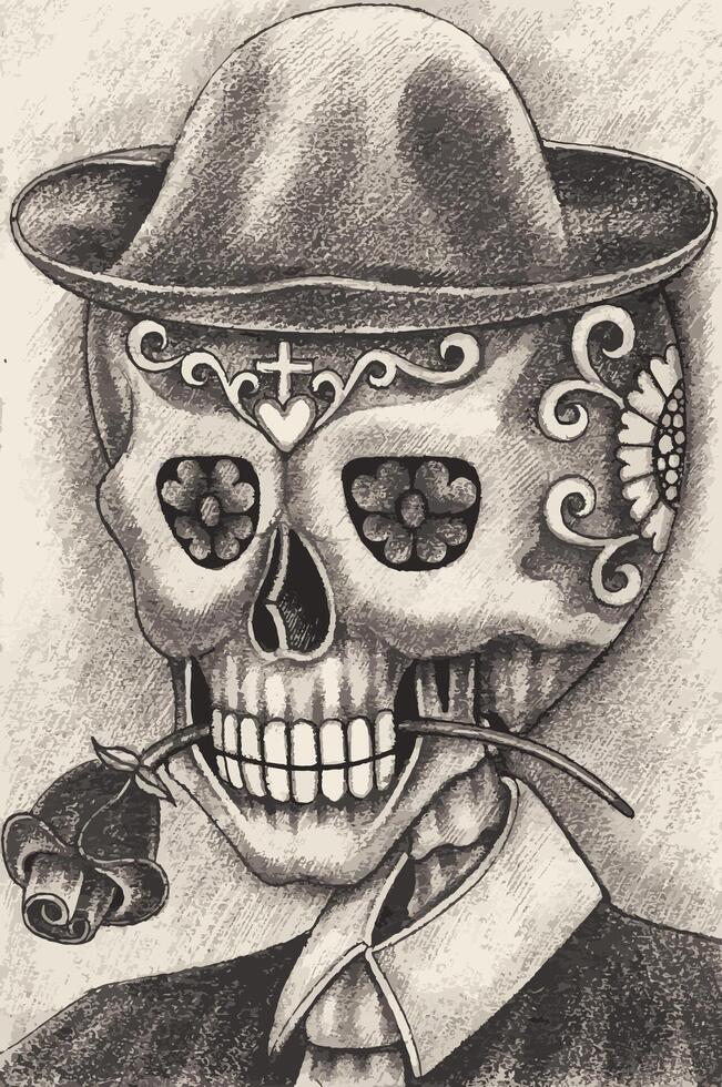 Dapper skull with rose day of the dead design by hand drawing and make graphic . vector