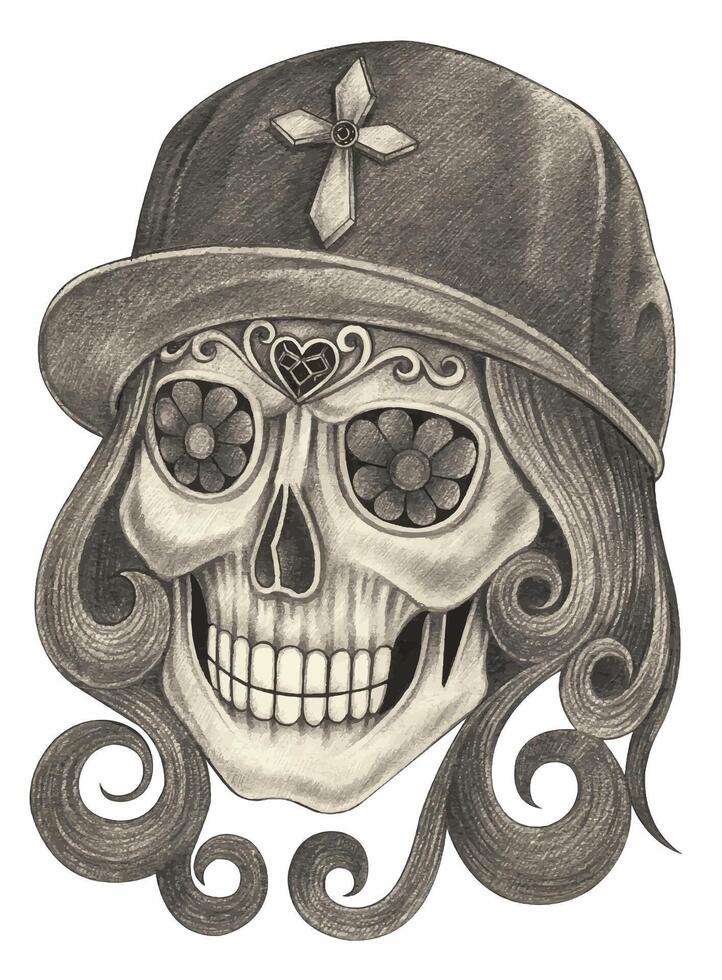 Modern catrina with cap day of the dead design by hand drawing and make graphic . vector
