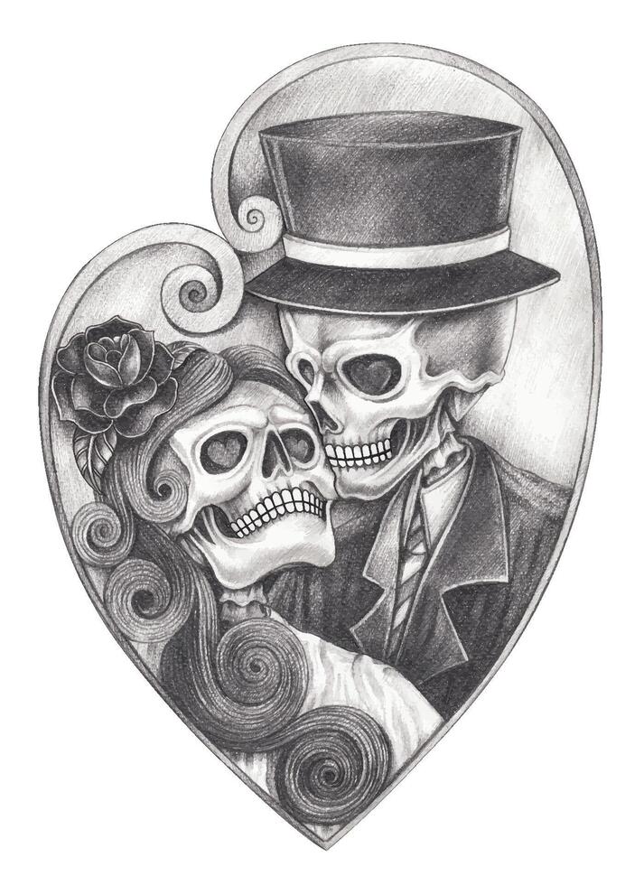 Eternal love couple skulls.This monochromatic illustration depicts two skeletons dressed in elegant attire, embracing each other within a heart-shaped frame. vector