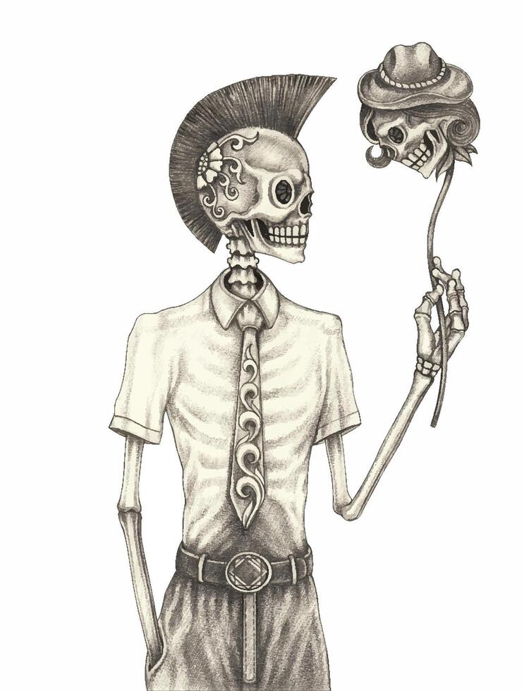 Skeleton with mohawk holding a masked skull.This monochromatic illustration features a skeleton with a punk-inspired mohawk hairstyle. vector