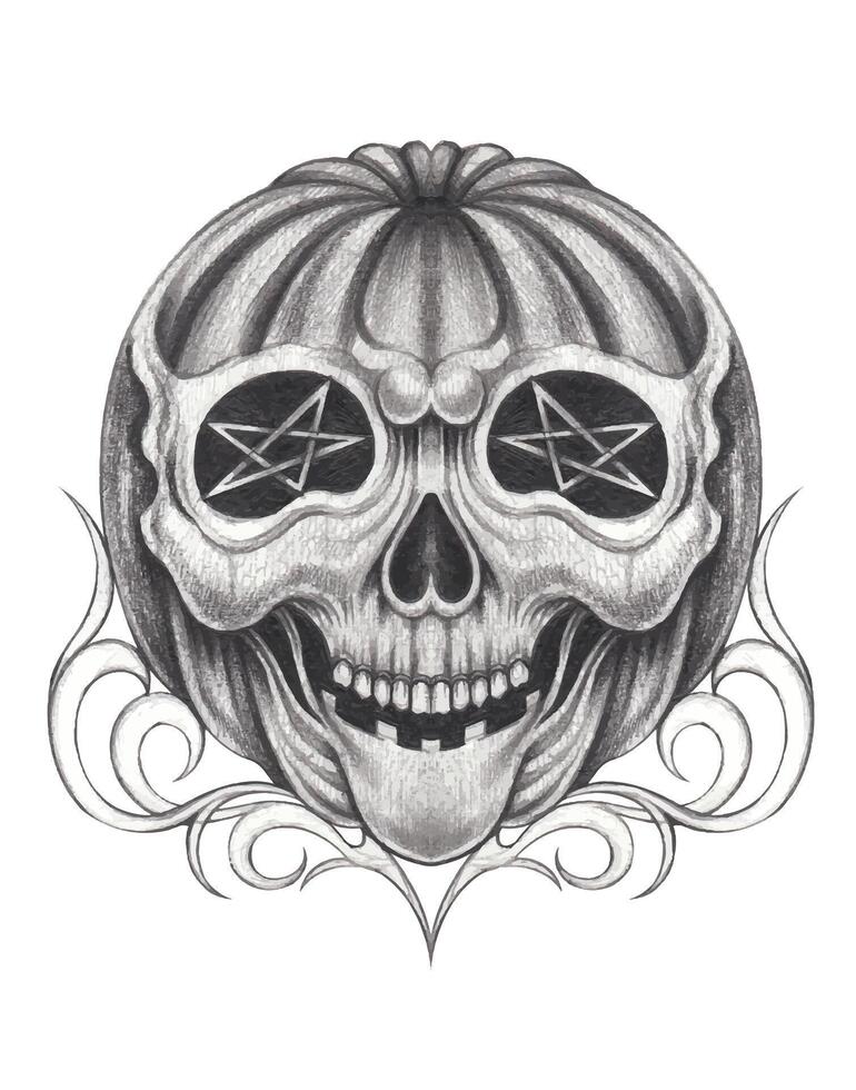 Haunted pumpkin skull art.This intricate illustration combines the features of a pumpkin and a skull, creating a unique and eerie fusion. vector