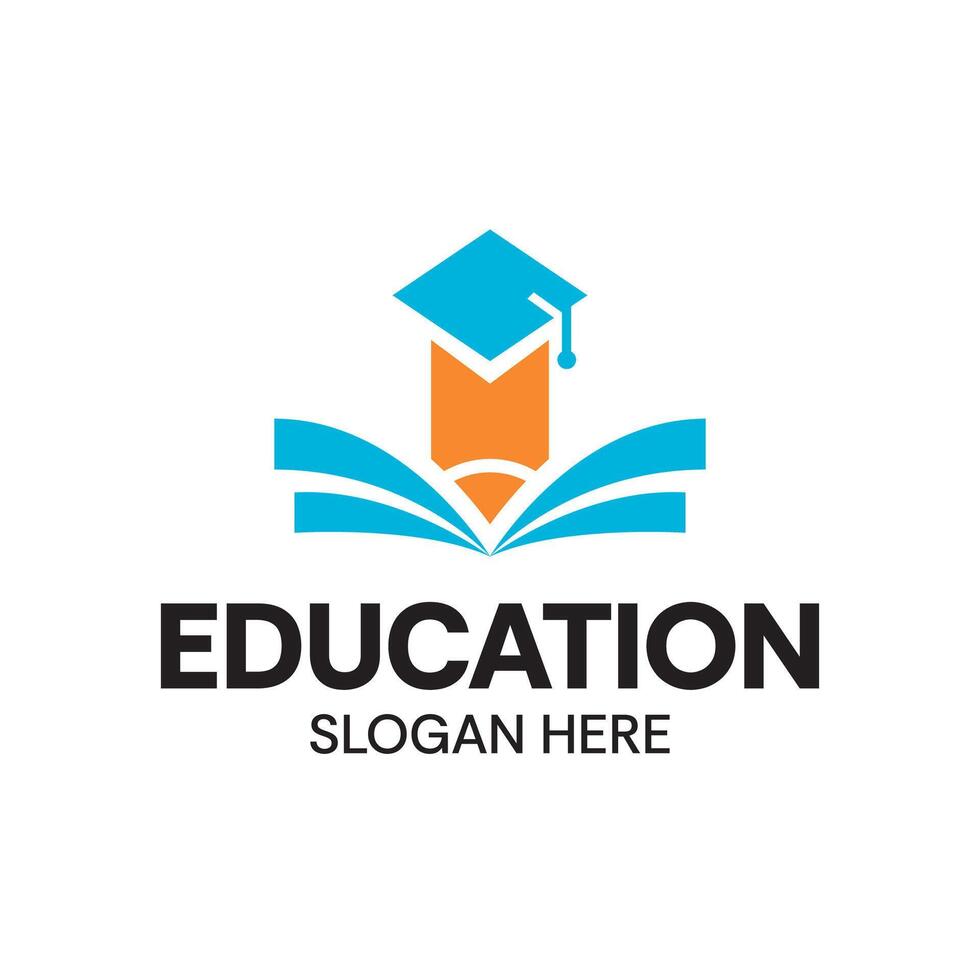 Education Logo with Book, Pencil, and Graduation Cap Learning and Academic Icon Design vector