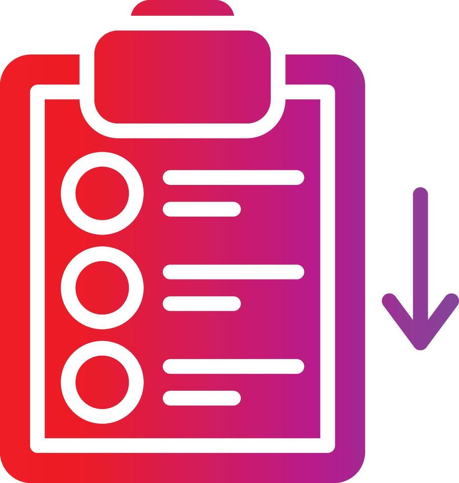 A clipboard with a check mark and an arrow pointing down vector