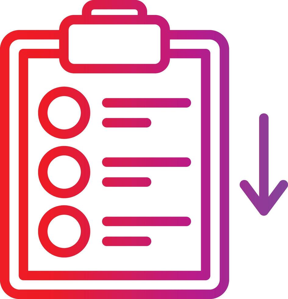 A clipboard with a check mark and an arrow pointing down vector