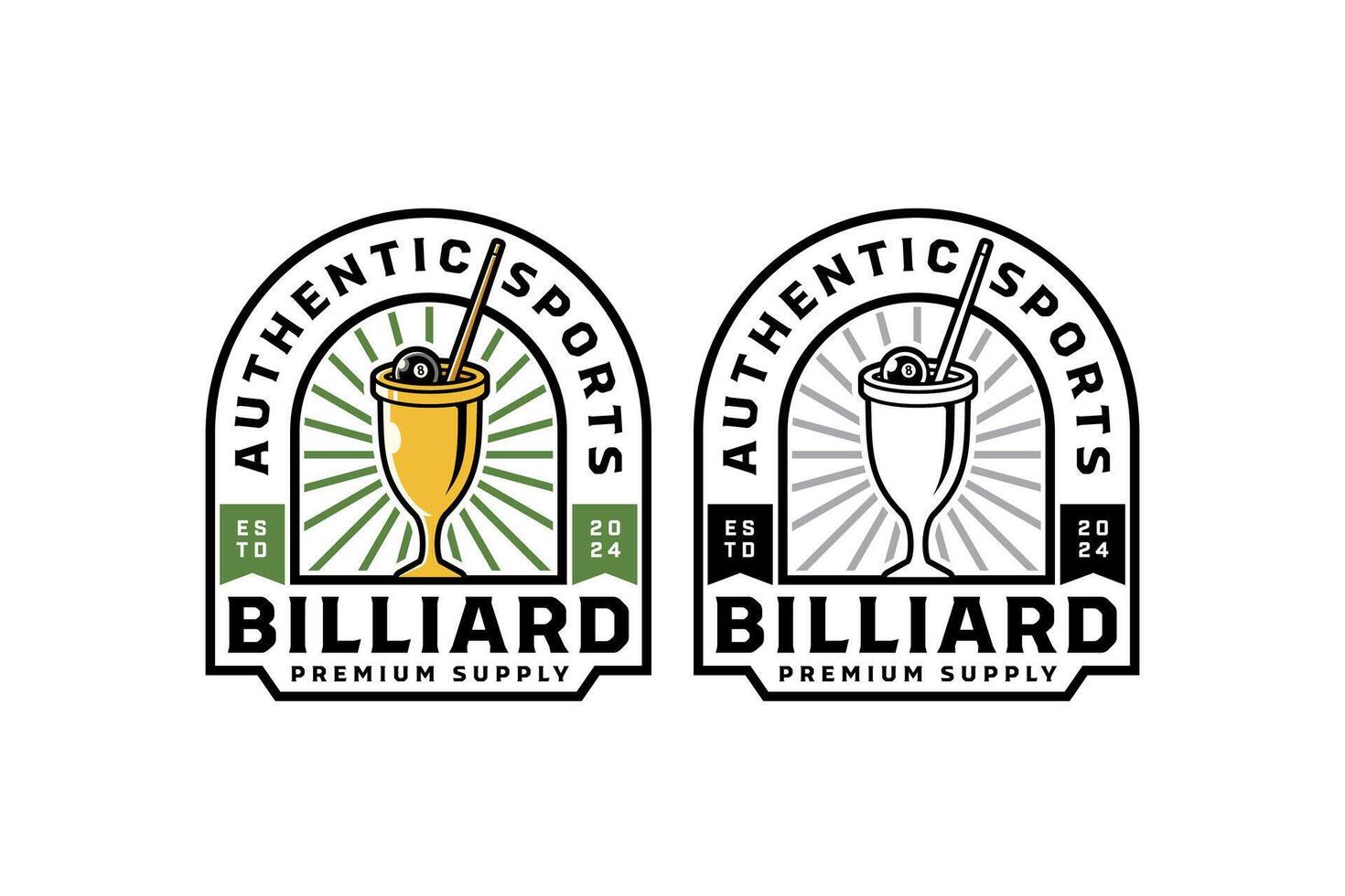 golden cup trophy with billiard balls and cue badge logo design set for billiard sport and competition. gold chalice with pool ball, stick illustration modern logo collection for snooker sport vector