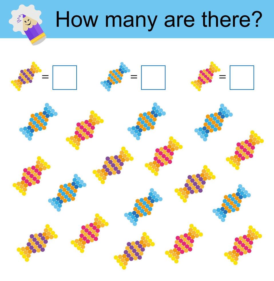 Math activity for kids. Developing numeracy skills. Cartoon candy. vector