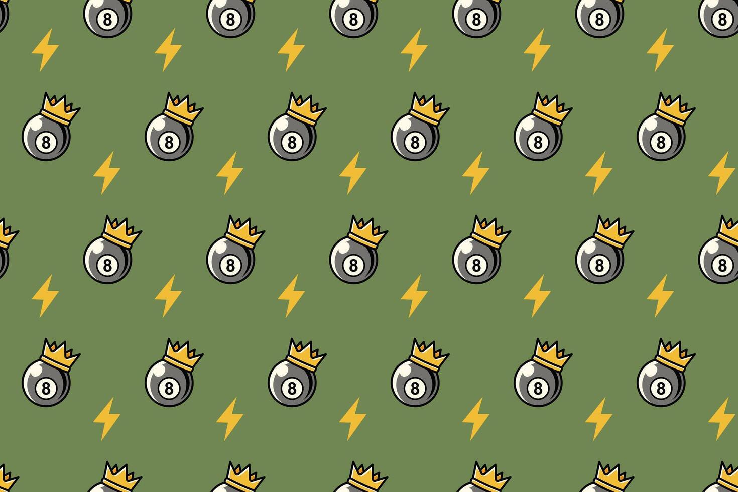 elegant billiard ball with golden crown, thunder bolt pattern on green background. pool black ball with gold crown, lightning object seamless pattern background for billiard decor and merchandise vector