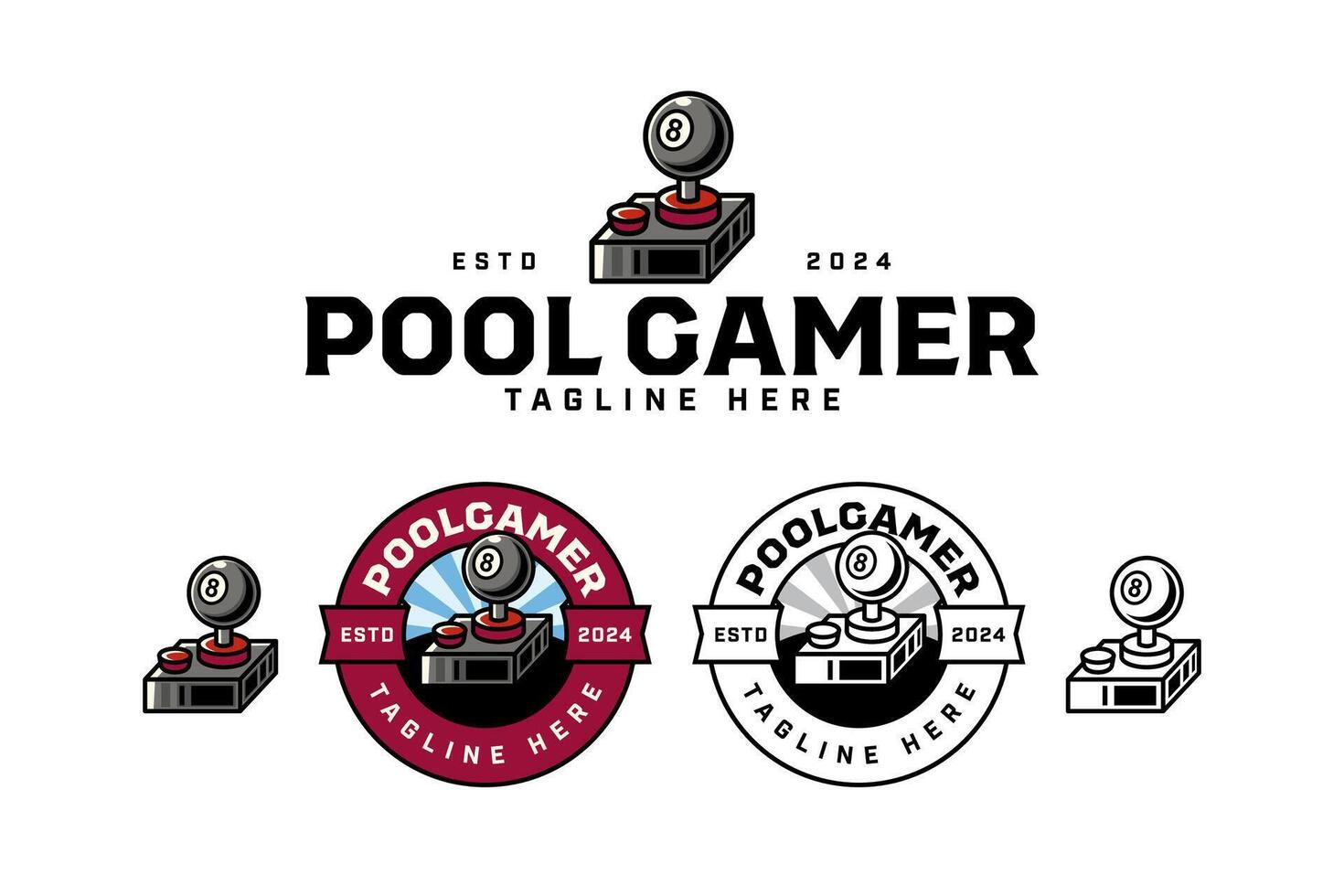 black billiard ball with game console badge logo design set for billiard sport and competition. gaming controller, joystick with pool ball illustration modern logo collection for snooker sport vector