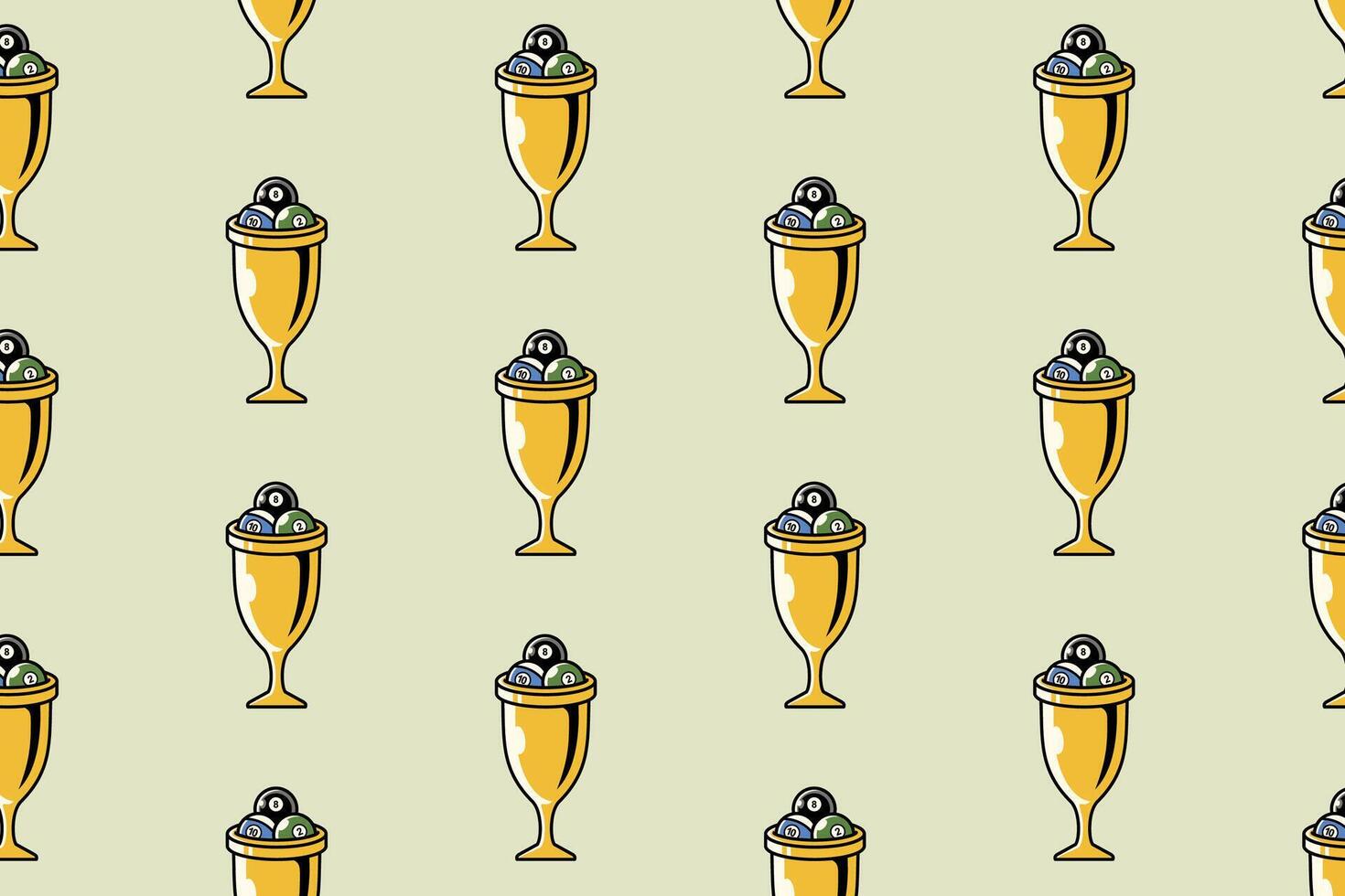 golden trophy, gold cup with billiard balls pattern on cream background. gold chalice with pool balls, snooker balls object symbol seamless pattern background. for billiard decor and merchandise vector