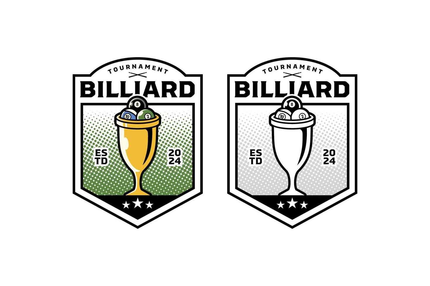 golden cup trophy with billiard balls badge logo design set for billiard sport and competition. gold chalice with snooker, pool balls colorful and outline illustration modern logo collection vector