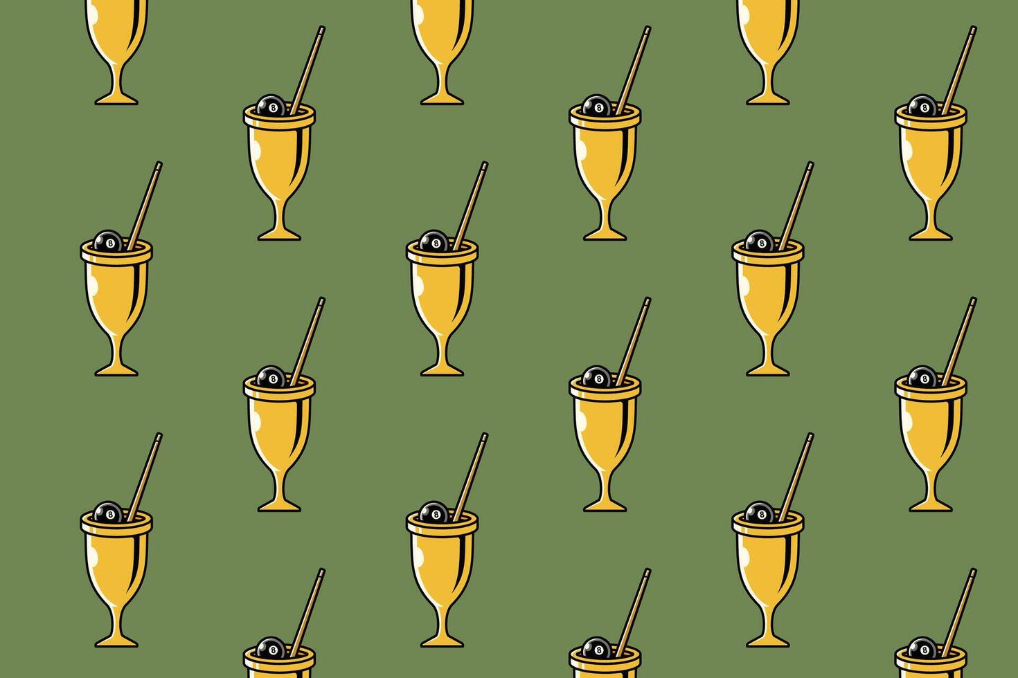 golden trophy, gold cup with billiard cue and black ball pattern on green background. gold chalice with pool ball, stick object symbol seamless pattern background. for billiard decor and merchandise vector