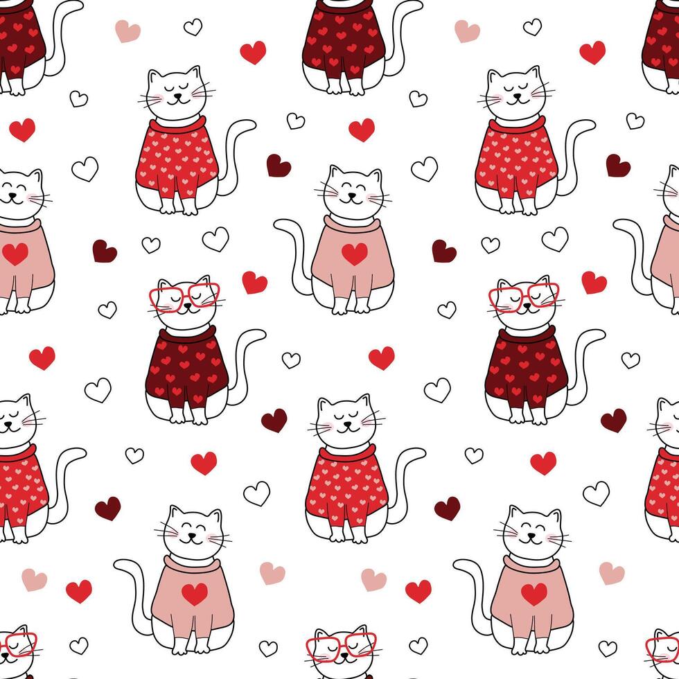 A seamless Valentine's Day pattern featuring doodle-style cats in love, perfect for romantic prints on fabric, wrapping paper, or greeting cards. vector