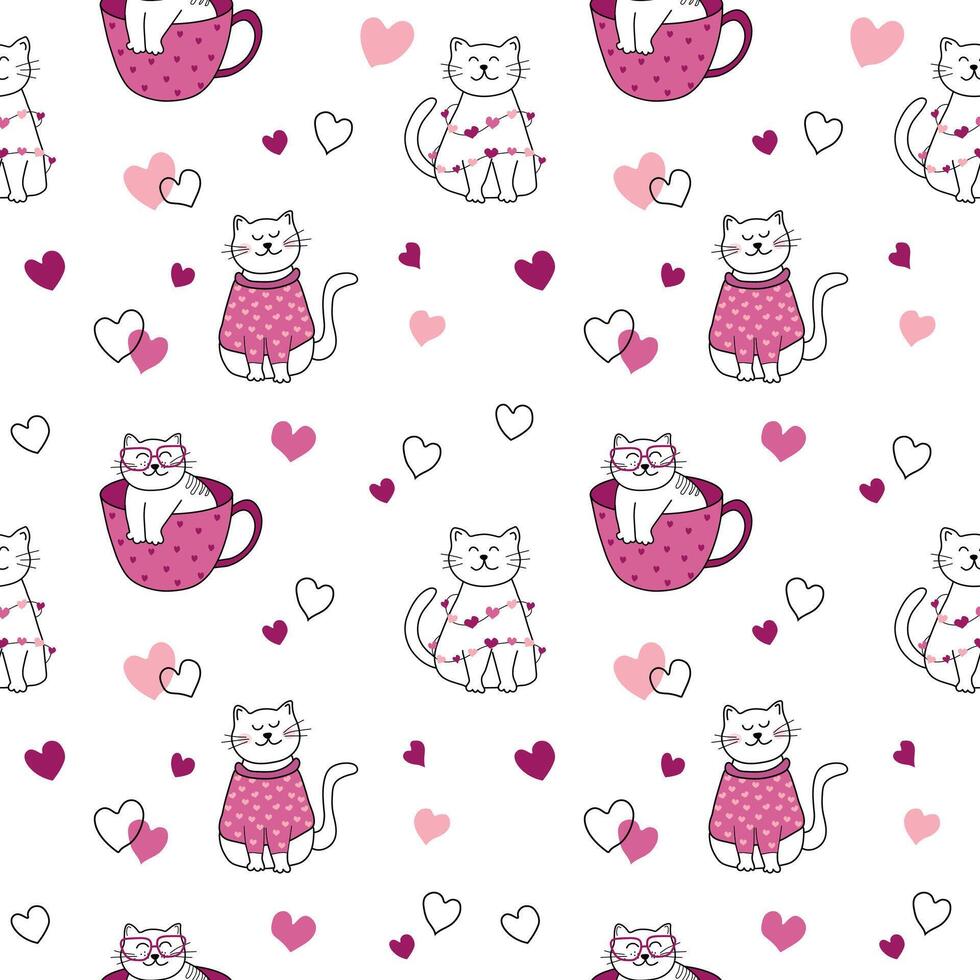 A seamless pattern featuring doodle-style cats in love, perfect for Valentine's Day prints, fabric, wrapping paper, and romantic designs vector