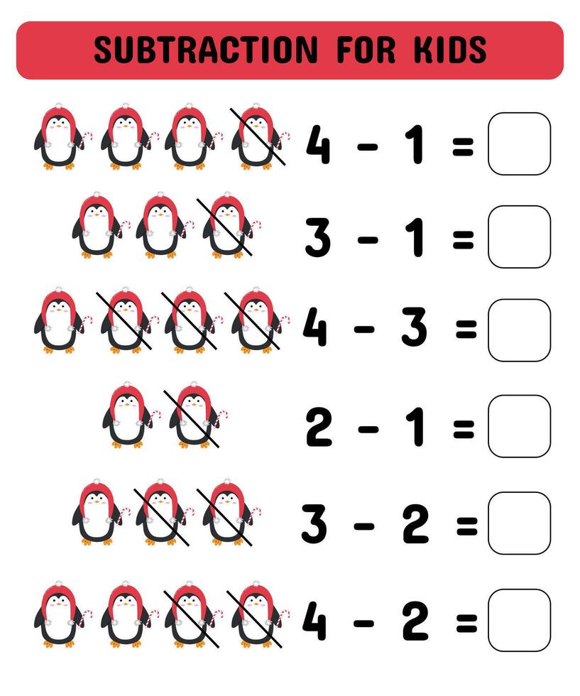 Fun subtraction game featuring penguins. Perfect for preschool and kindergarten, this printable worksheet builds early math skills vector