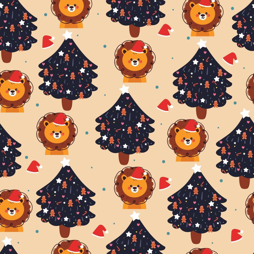 seamless pattern cartoon lion with christmas tree and stuff. cute christmas wallpaper for fabric print, gift wrap paper vector
