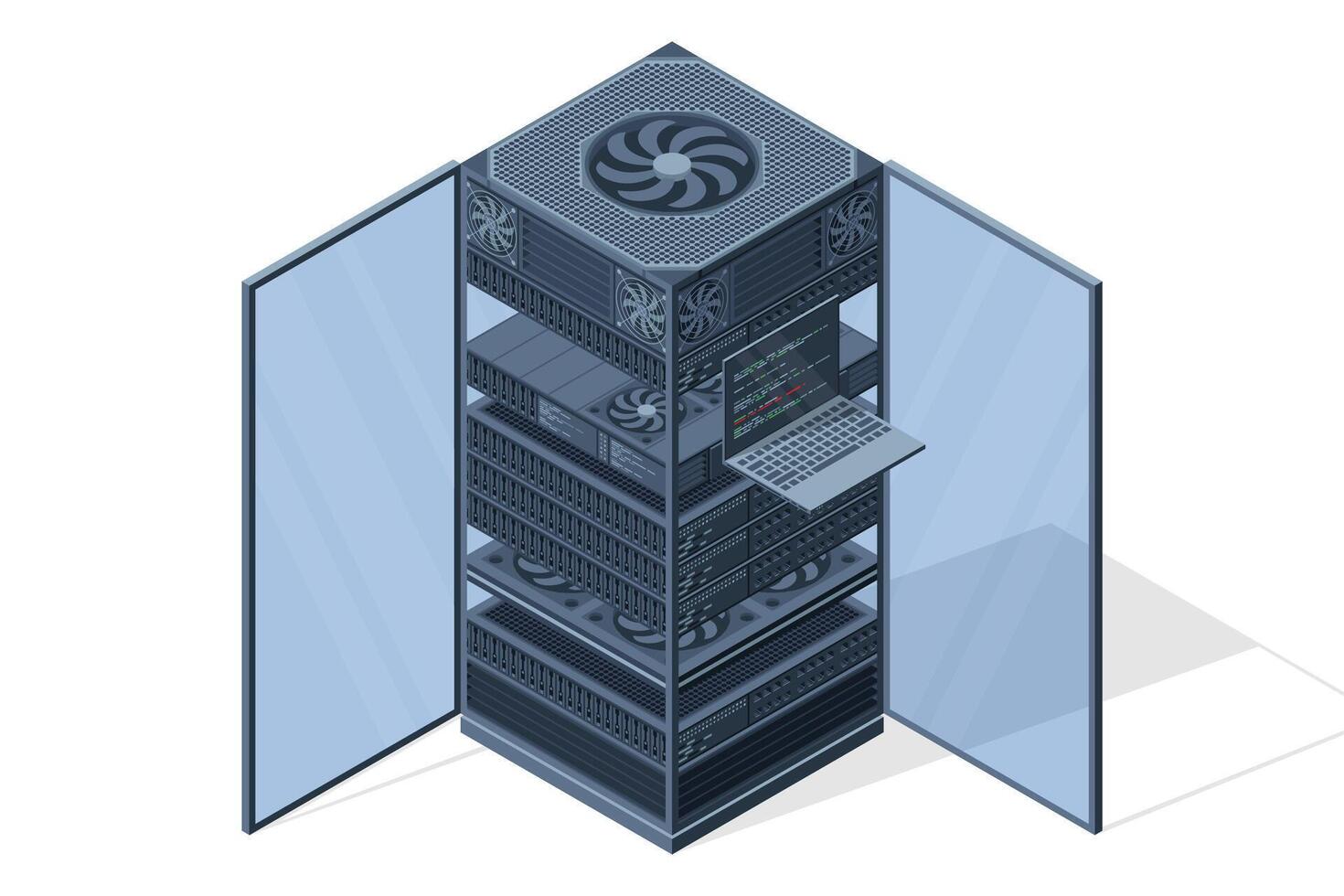 Isometric server. Server racks. Server boxes isolated. Network server room. Computer network technology. illustration vector