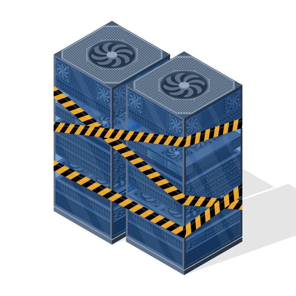 Isometric server maintenance. Server racks with warning tape. Isometric server under repair. illustration vector