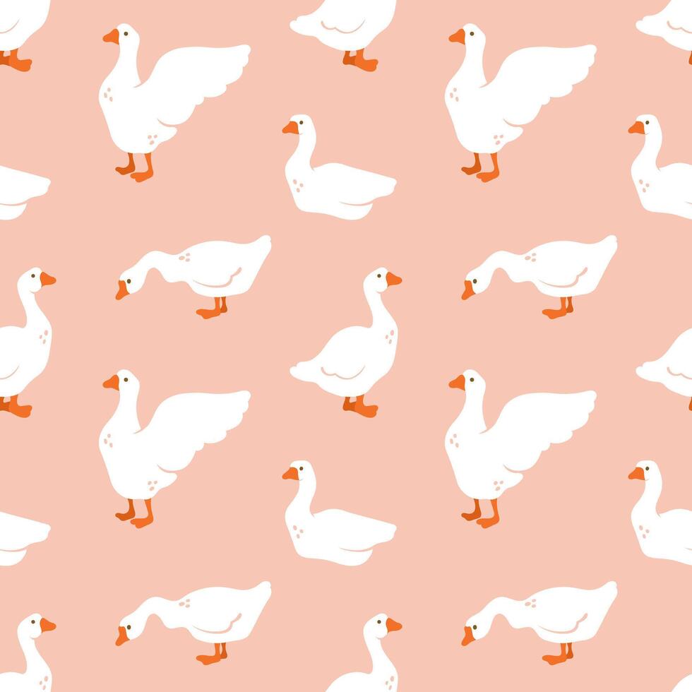 Seamless pattern with geese on peach background. Cute print with birds for fabric, wrapping paper, textile, wallpaper vector
