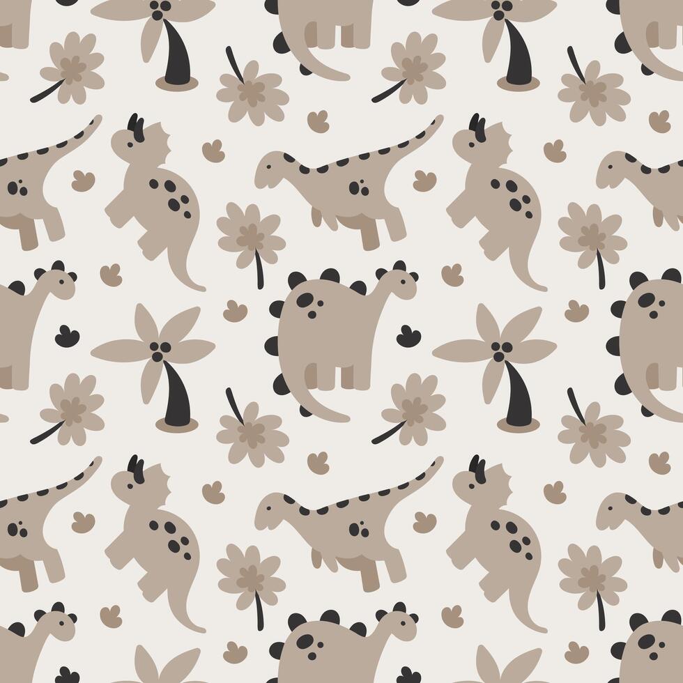 Seamless pattern with different dinosaurs. Cute children's beige background design. Repeating print for fabric, wrapping paper, textile, wallpaper vector