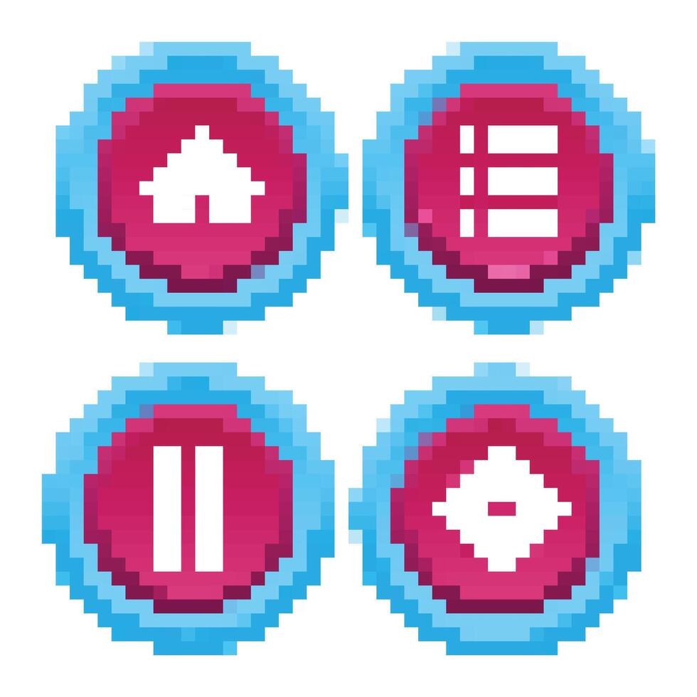 Interface menu pixel buttons. Retro game UI navigation panel, 8 bit sprite game app icons play pause menu settings options exit. Old school game symbols.isolated set vector