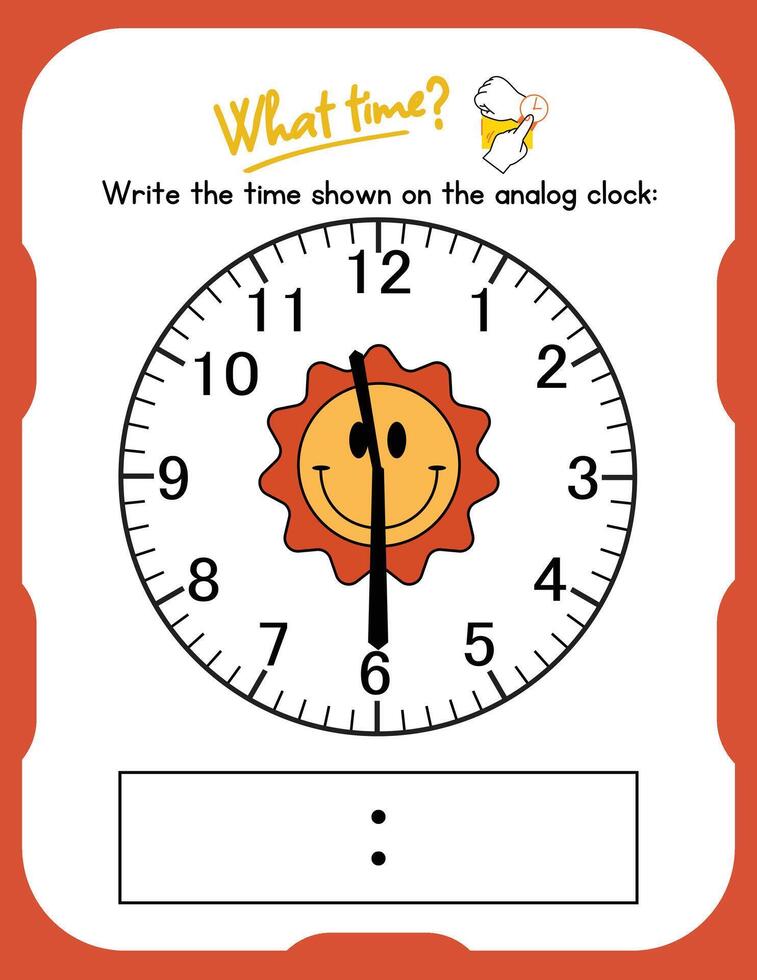 A clock with a smiling face and the words write the time on the end of the clock vector