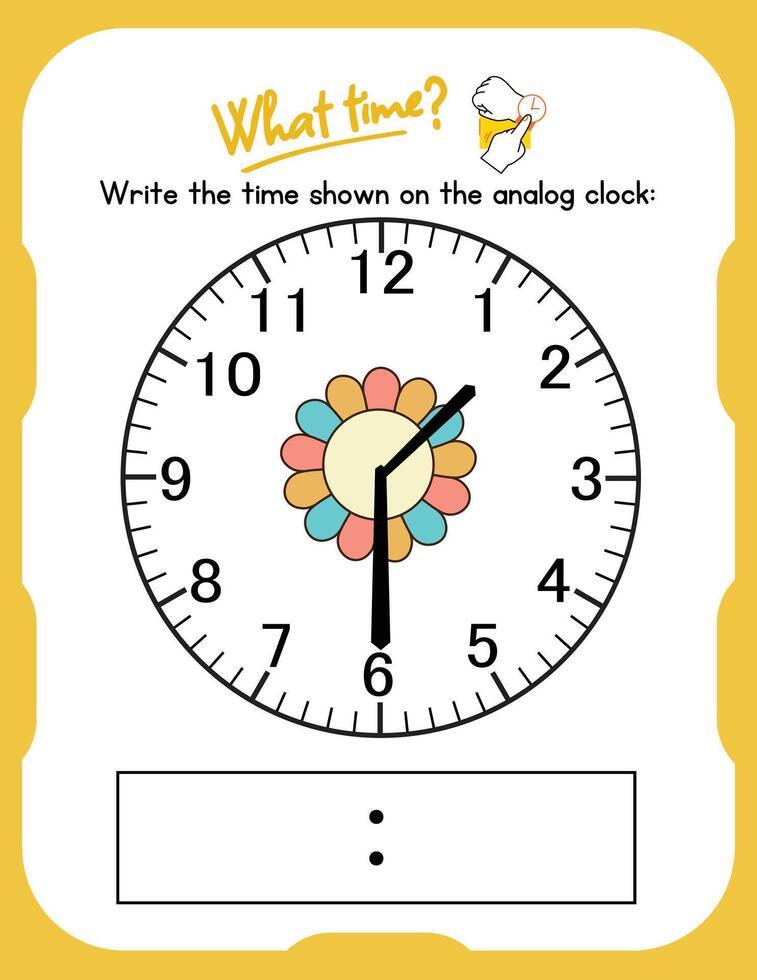 A clock with a flower on it and the words write the time down on the analog clock vector