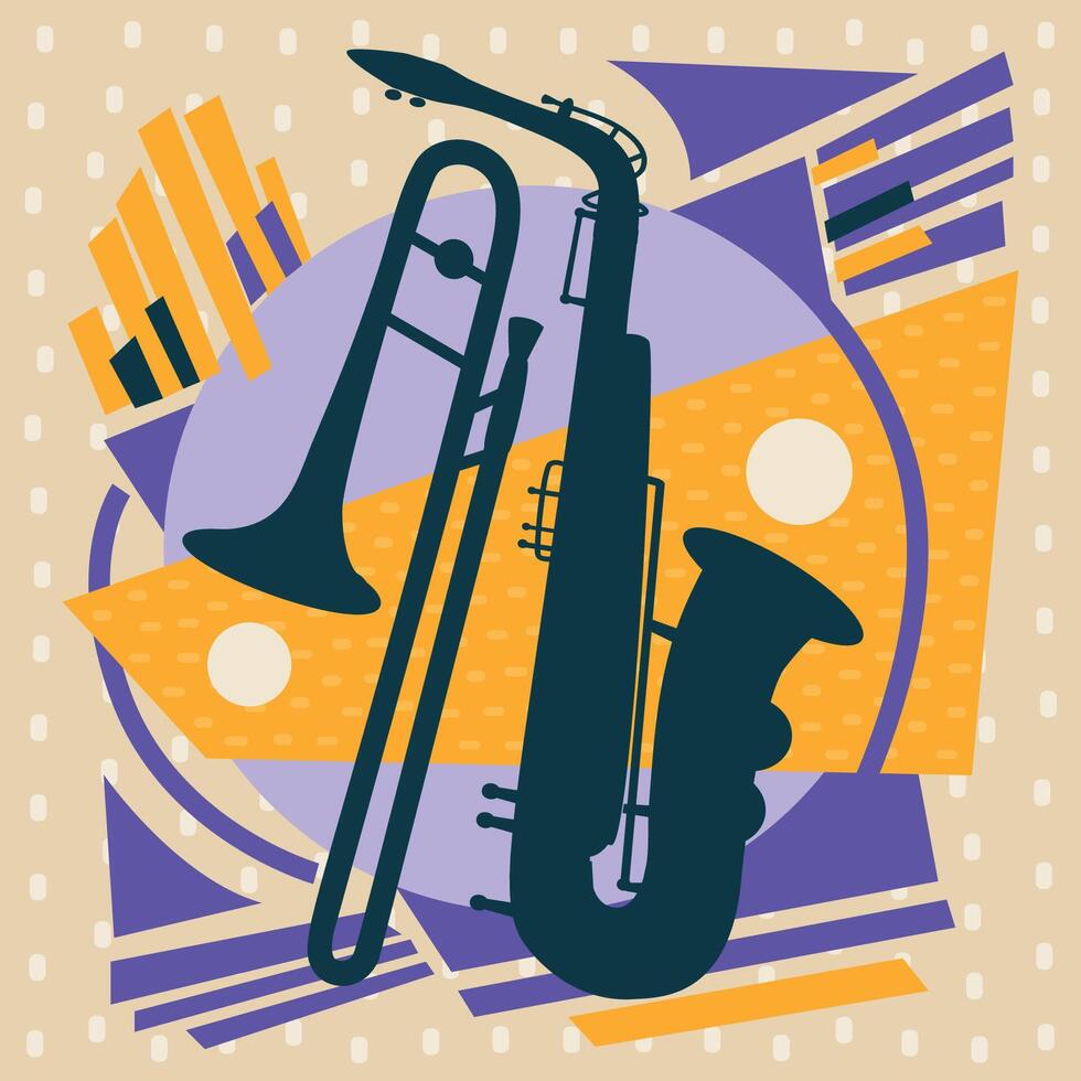 The music poster with a saxophone, trombone, piano keys and geometric shapes. vector