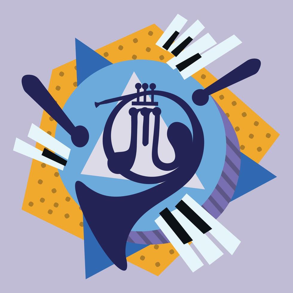 The music poster. Illustration with a French horn, a drum, piano keys and geometric shapes. vector