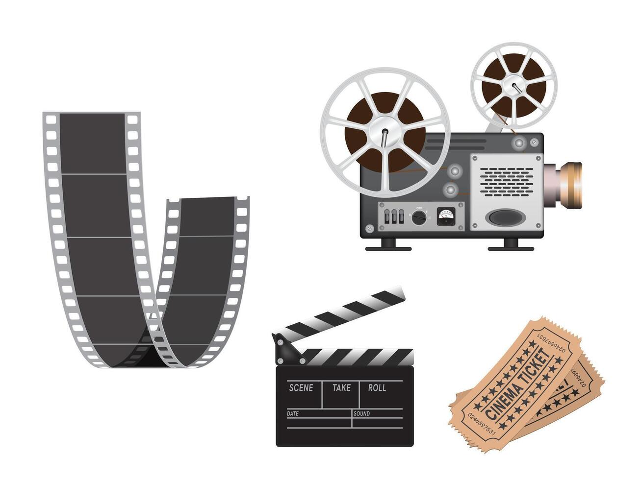 Film projector, film strip on white background. 3D . High detailed realistic illustration. vector