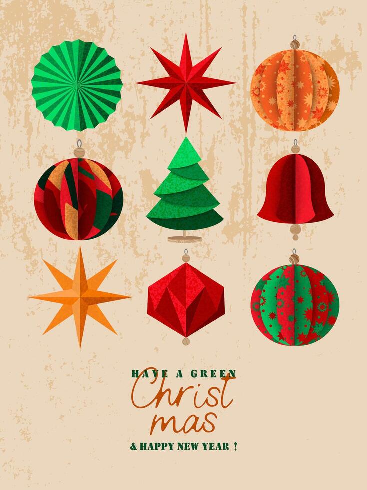 Merry sustainable Christmas. Poster, postcard, cover with Christmas tree paper ornament. vector