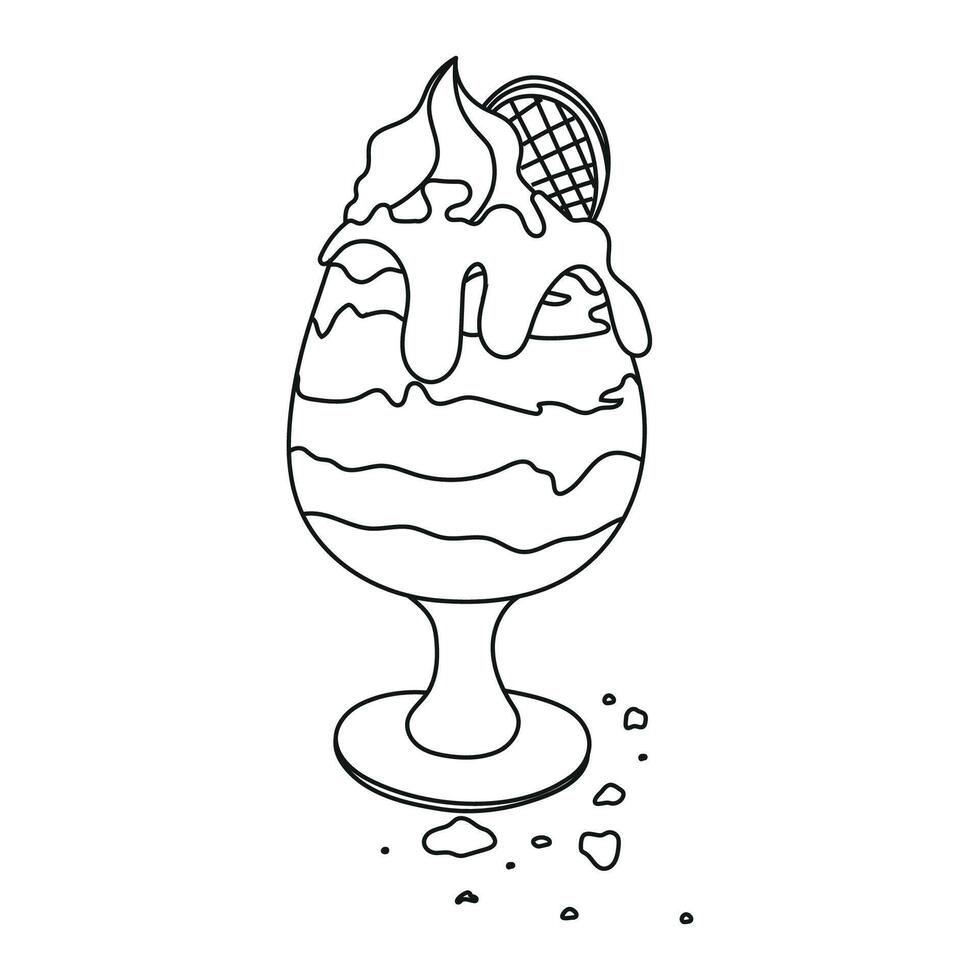 Ice cream in glass with cookie cream and waffle in doodle style Line art Hand drawn frozen dessert vector