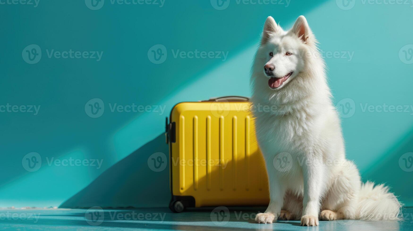 indoor shoot samoyed dog sit near yellow suitcase, vacation concept photo