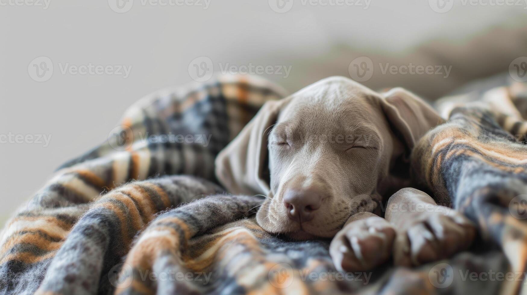indoor shoot weimaraner dog rest on plaid, winter warm photo
