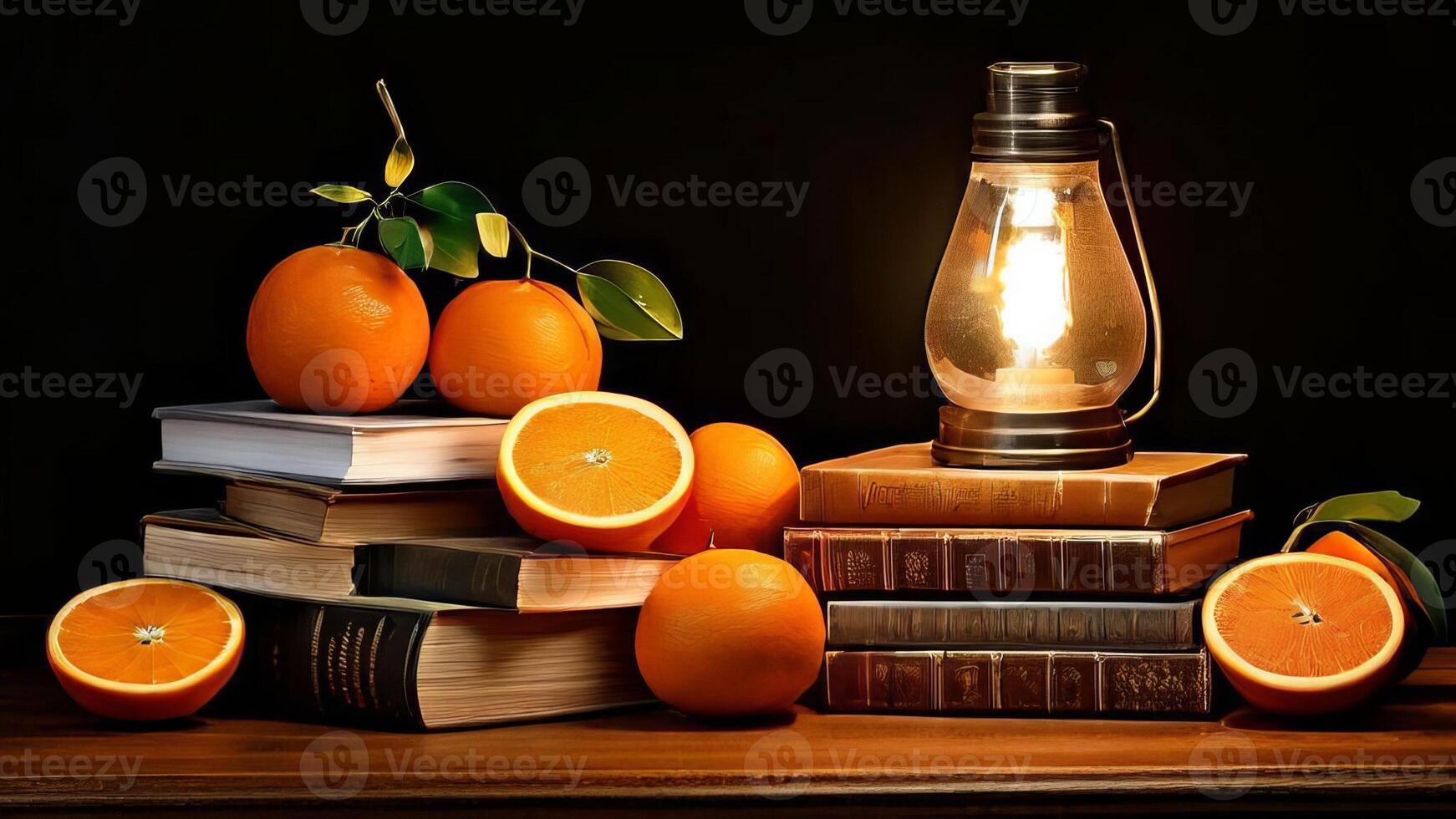 Orange and books on a table with a lamp photo