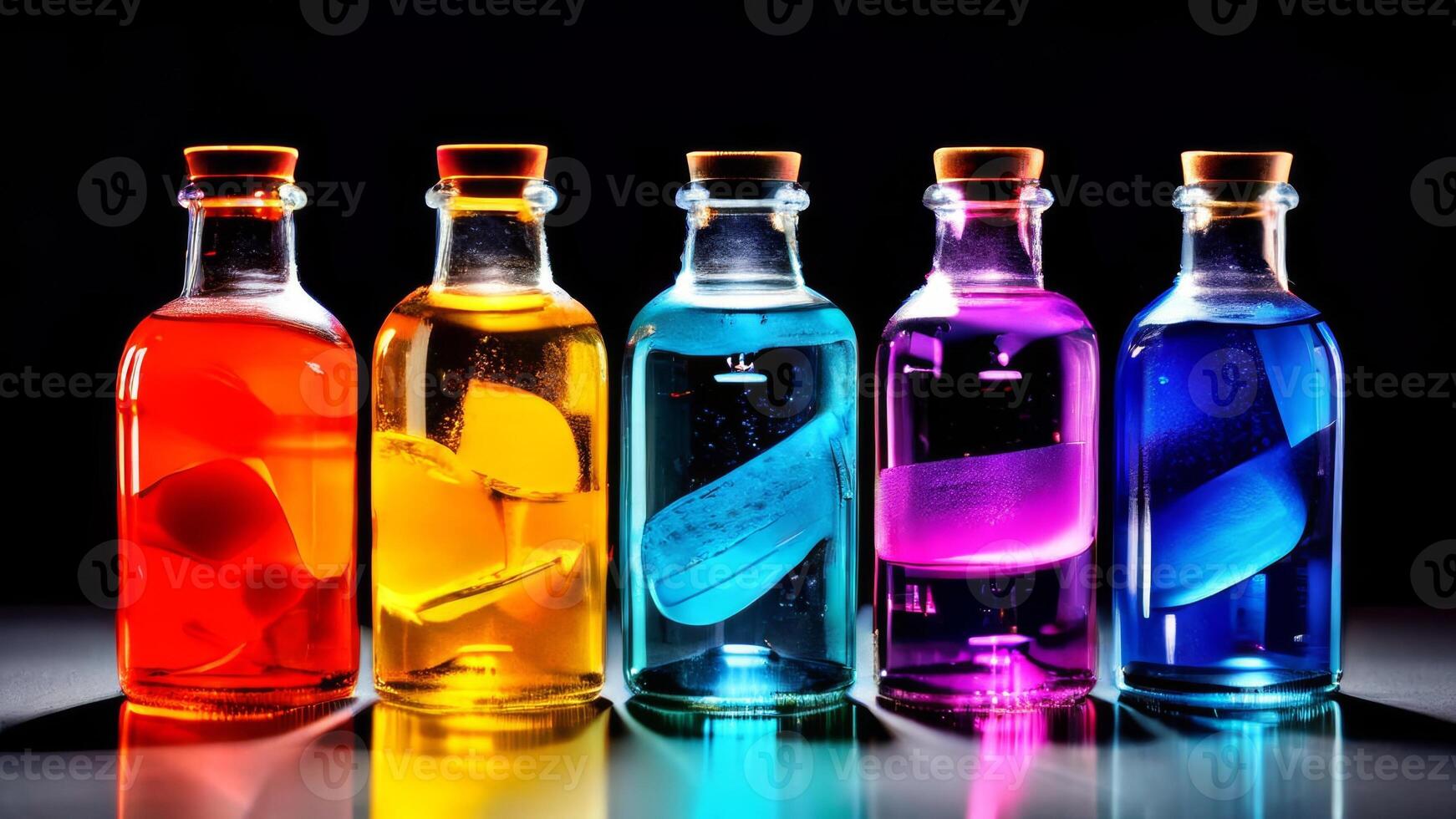 Five colorful bottles of liquid on a black background photo