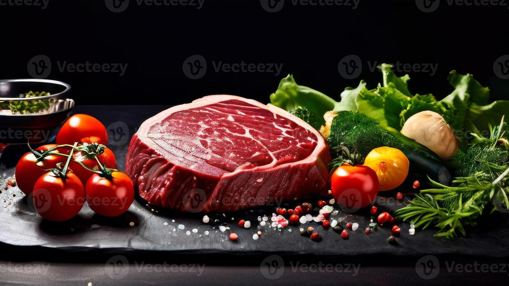 A steak is sitting on a black slate with vegetables photo