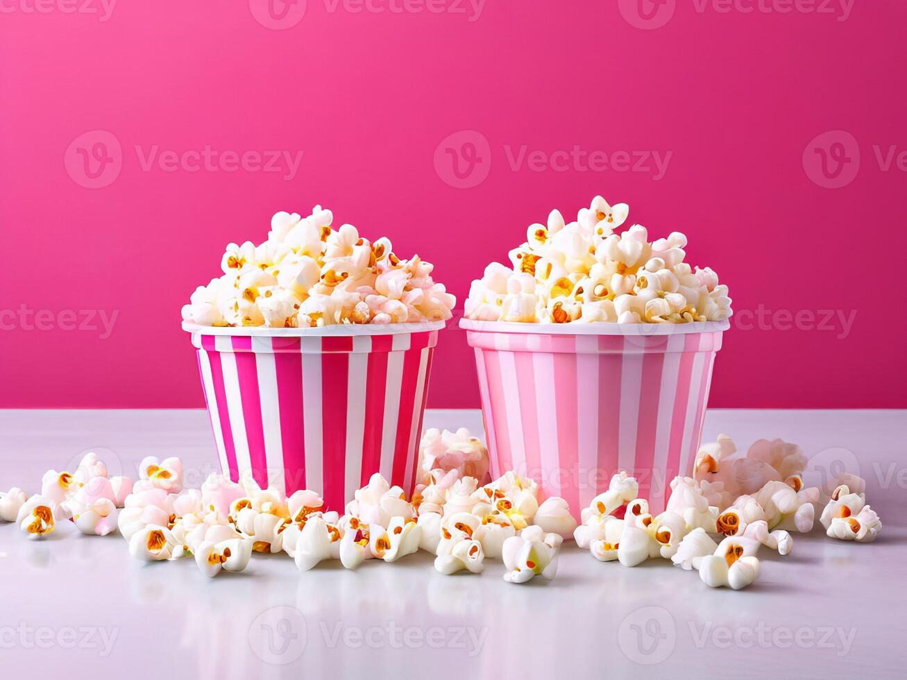 Two pink and white striped buckets of popcorn on a pink background photo