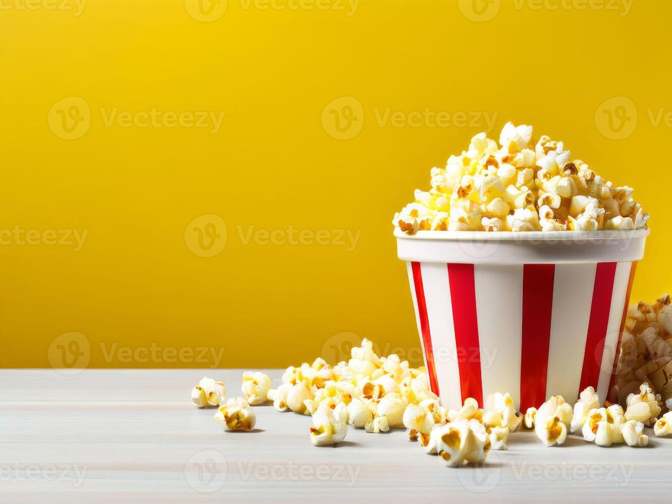 Popcorn in a red and white striped bucket on a wooden table photo