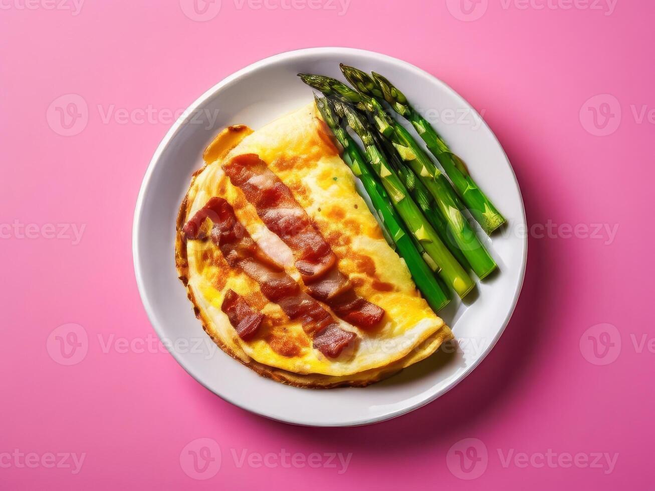 Omelette with bacon and asparagus on pink background photo
