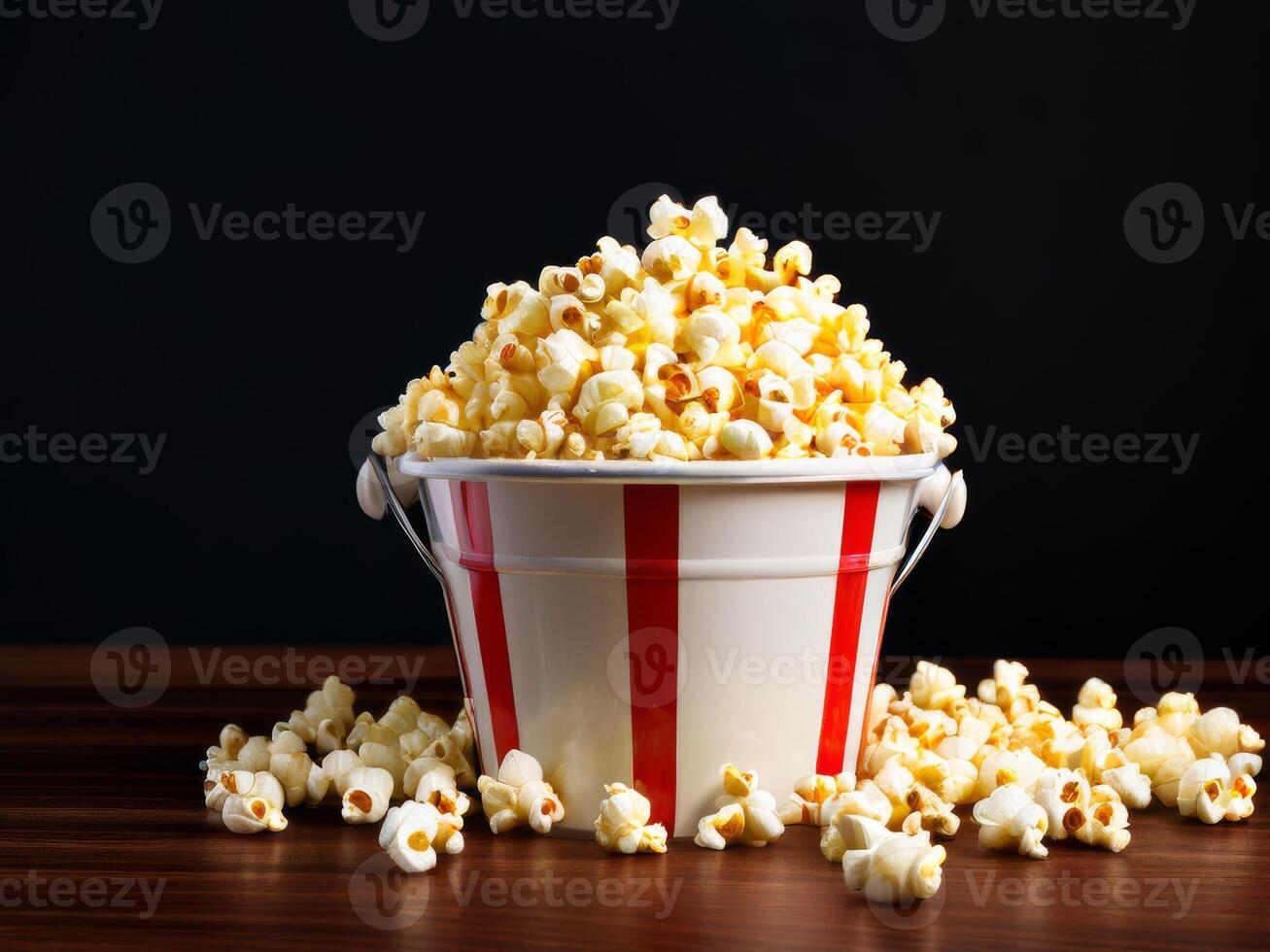 Popcorn in a bucket on a table photo