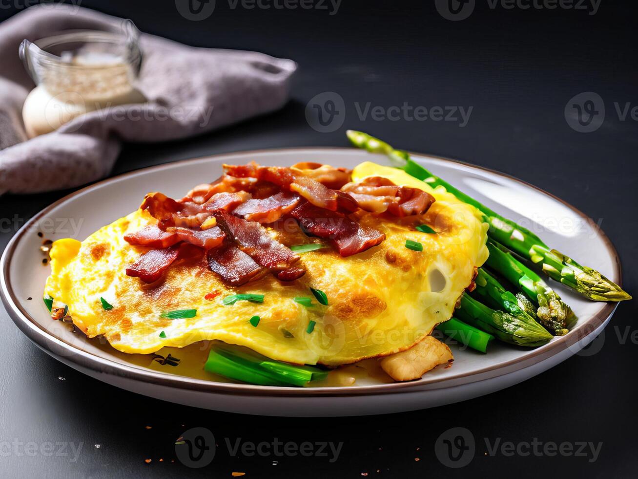 A plate with an omelet and asparagus photo