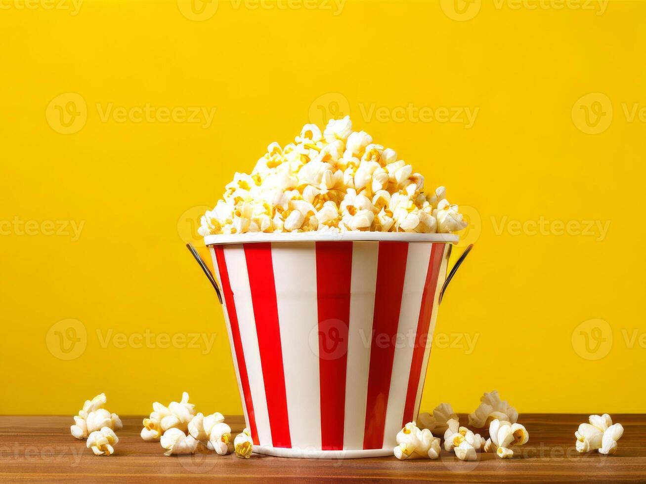 Popcorn in a bucket on a wooden table photo